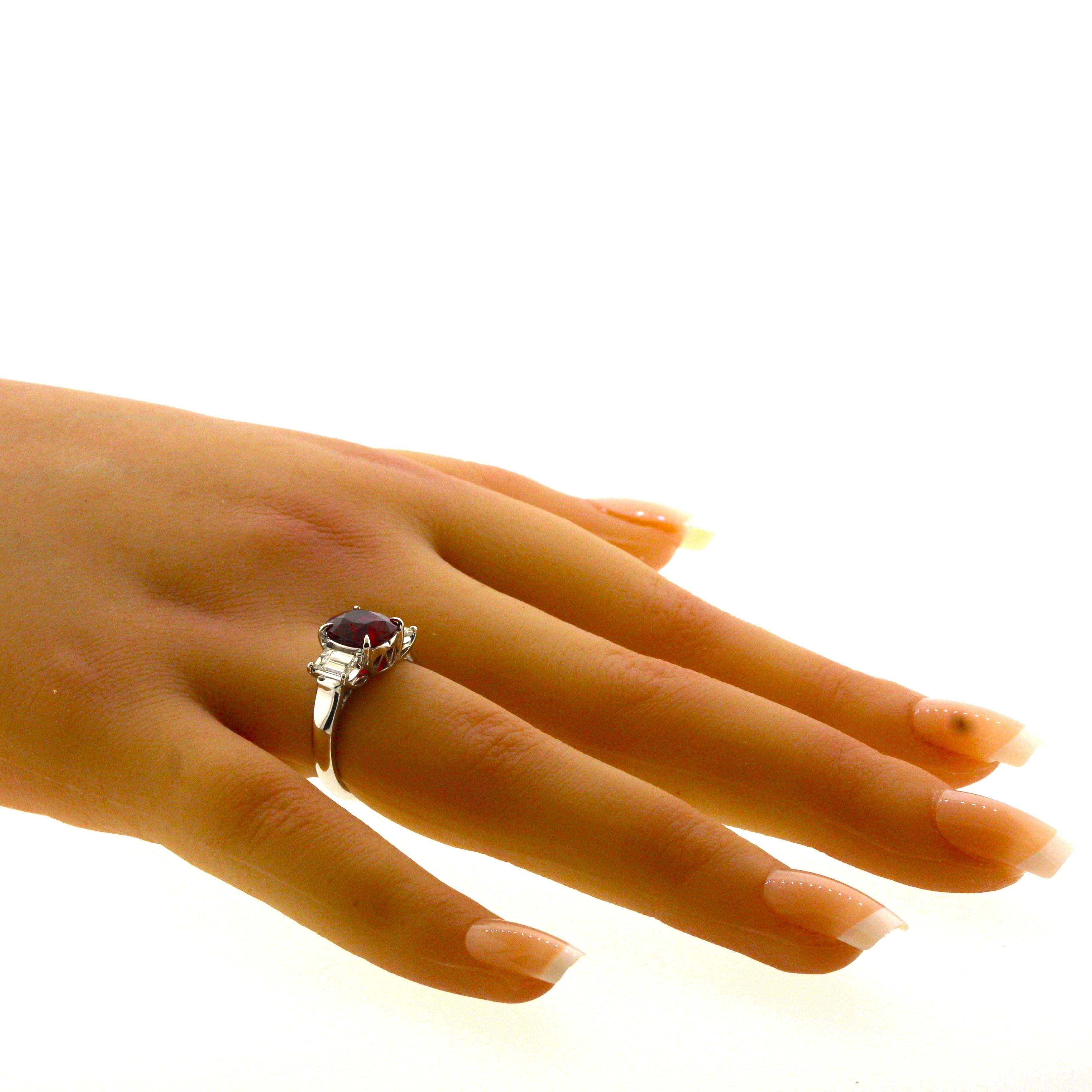 3.48 Carat Gem Ruby Diamond Platinum 3-Stone Ring, GIA Certified For Sale 1