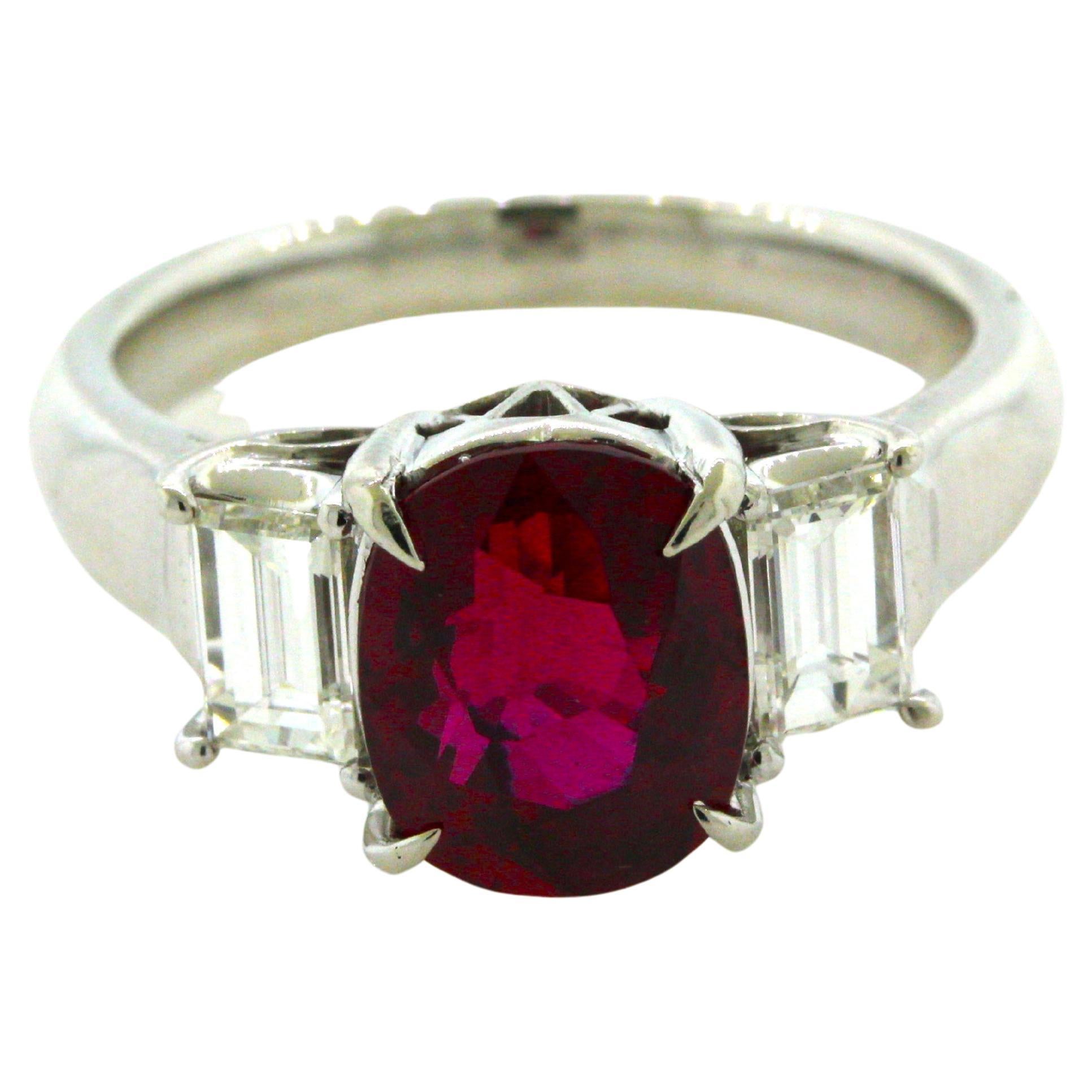 3.48 Carat Gem Ruby Diamond Platinum 3-Stone Ring, GIA Certified For Sale