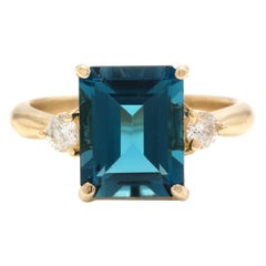 3.48 Carat Impressive Natural London Blue Topaz and Diamond 14K Yellow Gold Ring