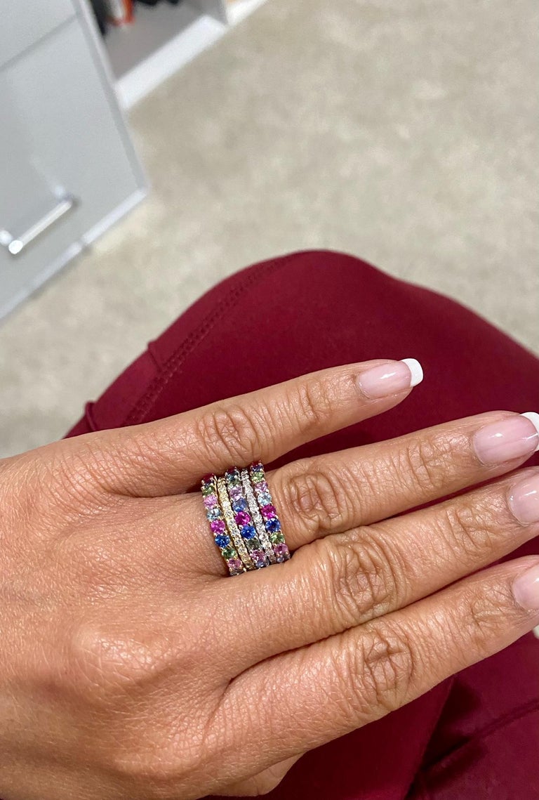 3.48 Carat MultiColor Sapphire Diamond Gold Stackable Bands For Sale