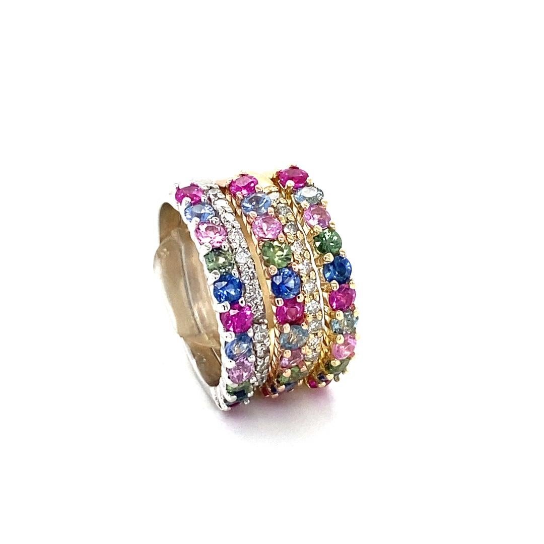 3.48 Carat Multi Color Sapphire Diamond Gold Stackable Bands In New Condition For Sale In Los Angeles, CA