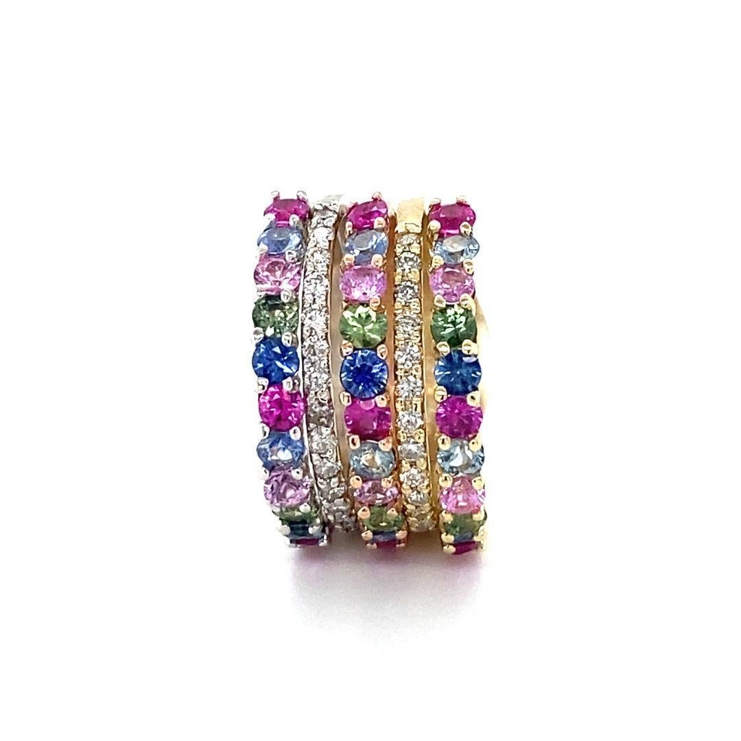 Taille ronde 3.48 Carat Multicolor Sapphire Diamond Gold Stackable Bands en vente