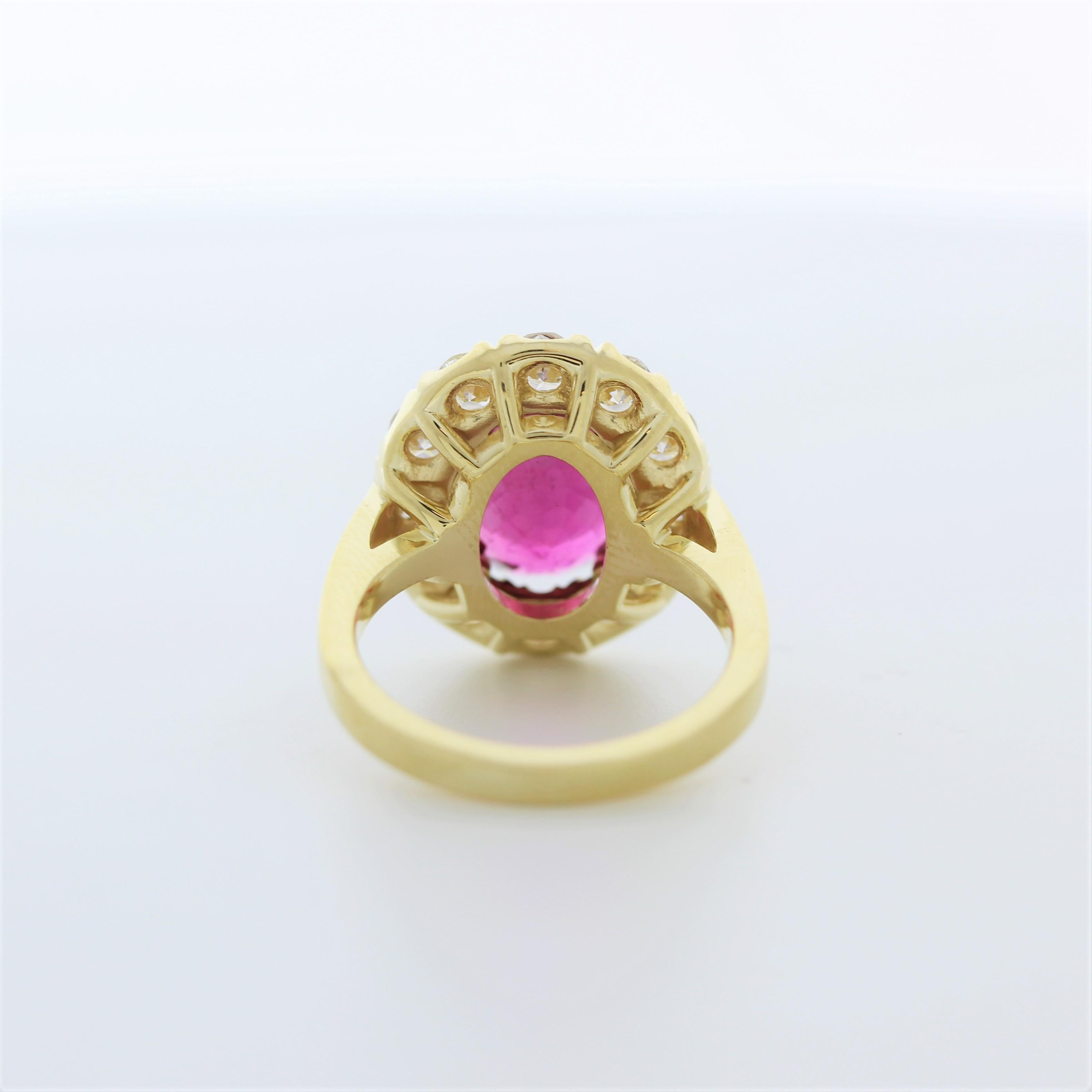 Contemporary 3.48 Carat Oval Rubelite & Diamond Ring In 18k Yellow Gold  For Sale