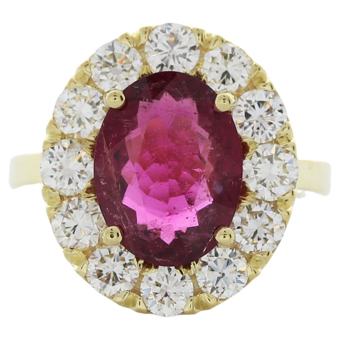 3.48 Carat Oval Rubelite & Diamond Ring In 18k Yellow Gold  For Sale