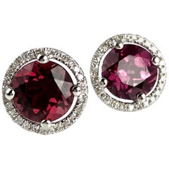 3.48 Carat Round Raspberry Garnet and Diamond Halo Studs in 14 Karat Gold