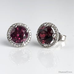 3.48 Carat Round Raspberry Garnet and Diamond Halo Studs in 14 Karat Gold
