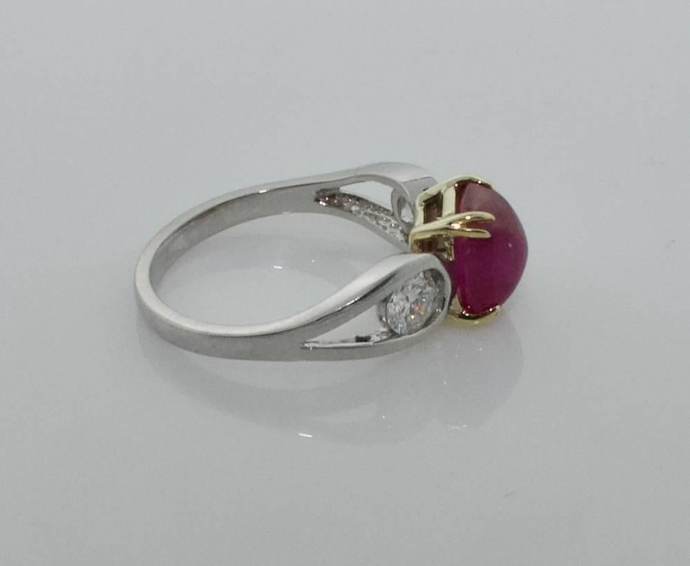 Cushion Cut 3.48 Carat Ruby and Diamond Solitaire Ring in Platinum and 18 Karat For Sale
