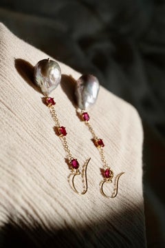 3.48 Carat Ruby Drop earring with Grey Baroque Pearls