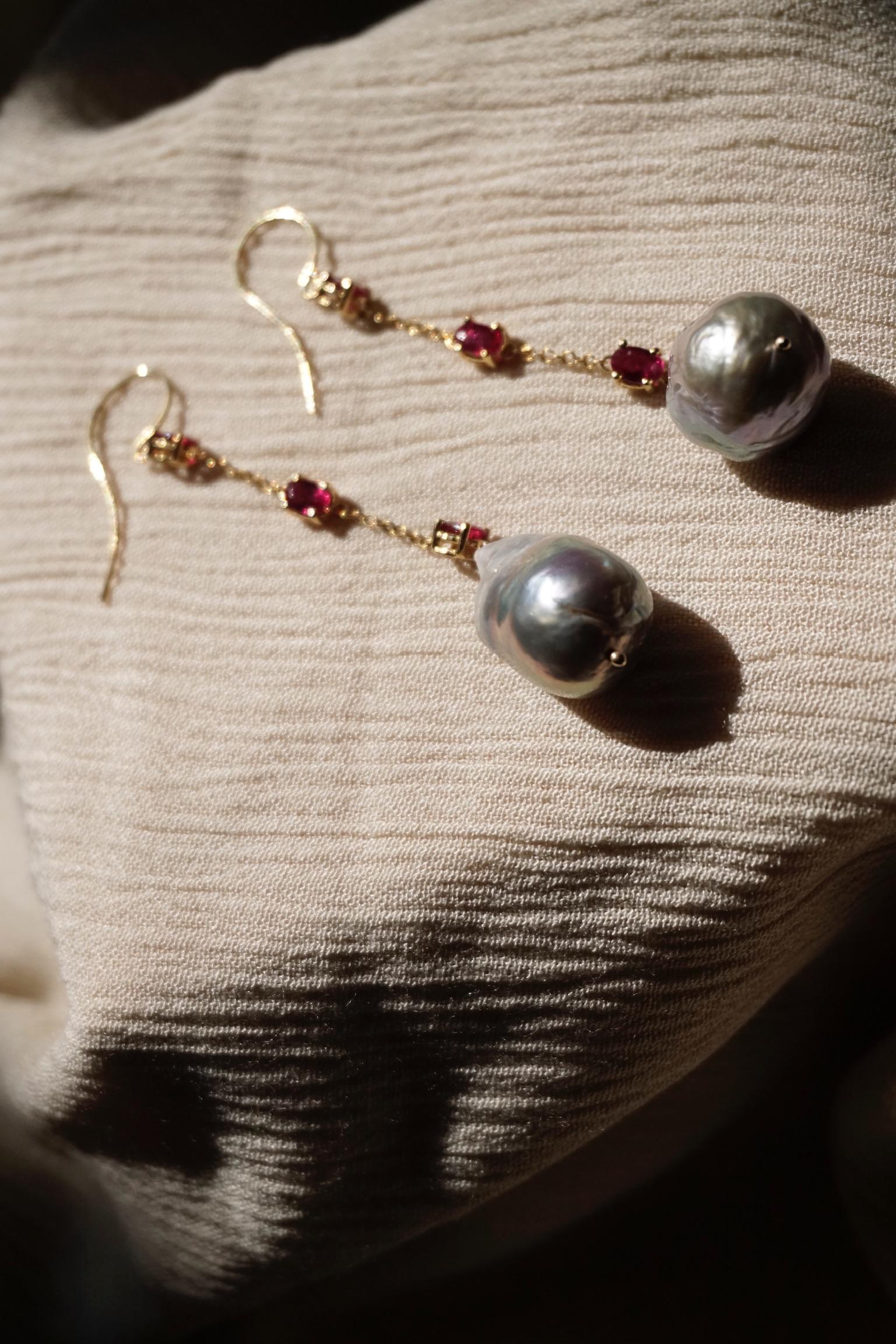 Artisan 3.48 Carat Ruby Drop earring with Grey Baroque Pearls For Sale