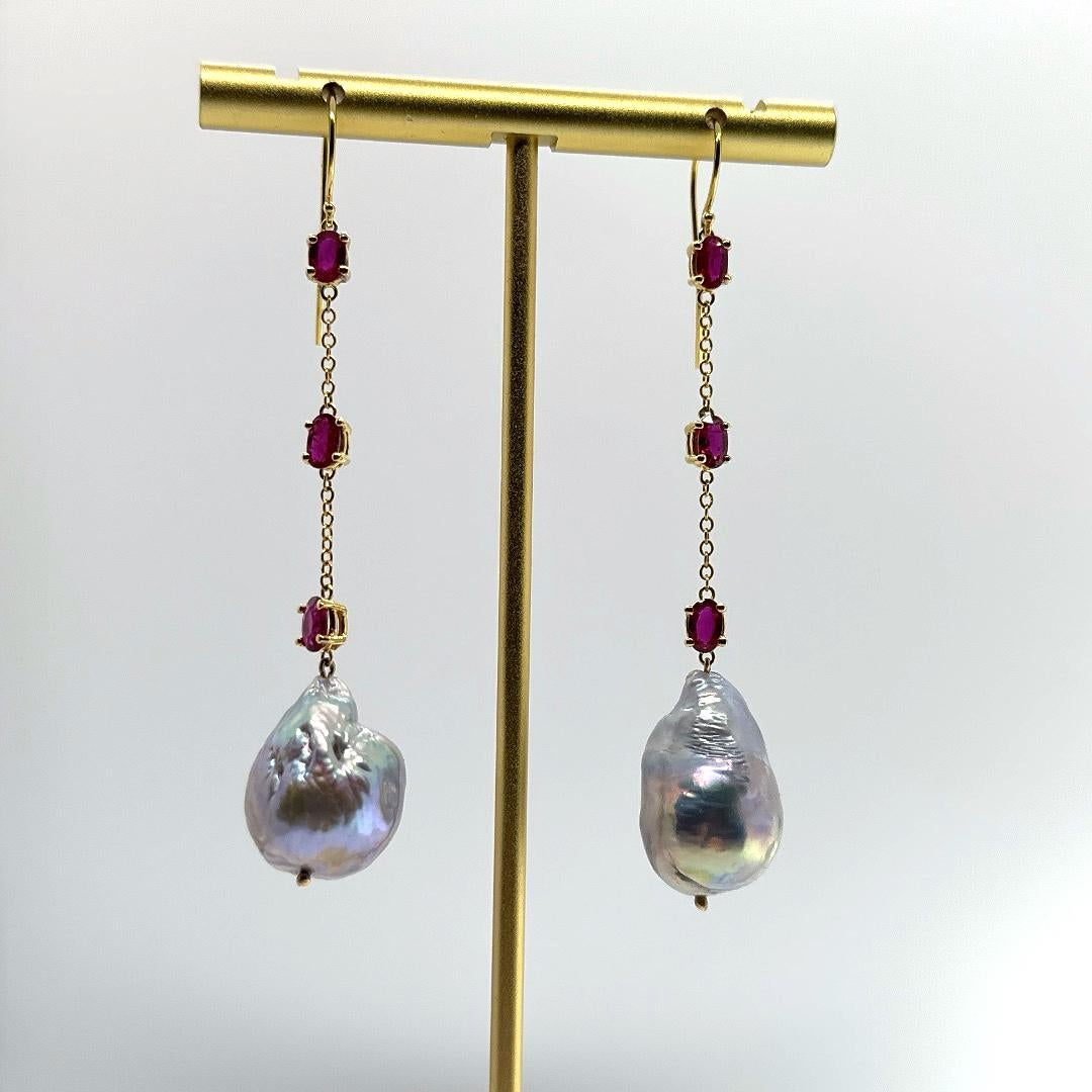 Oval Cut 3.48 Carat Ruby Drop earring with Grey Baroque Pearls For Sale