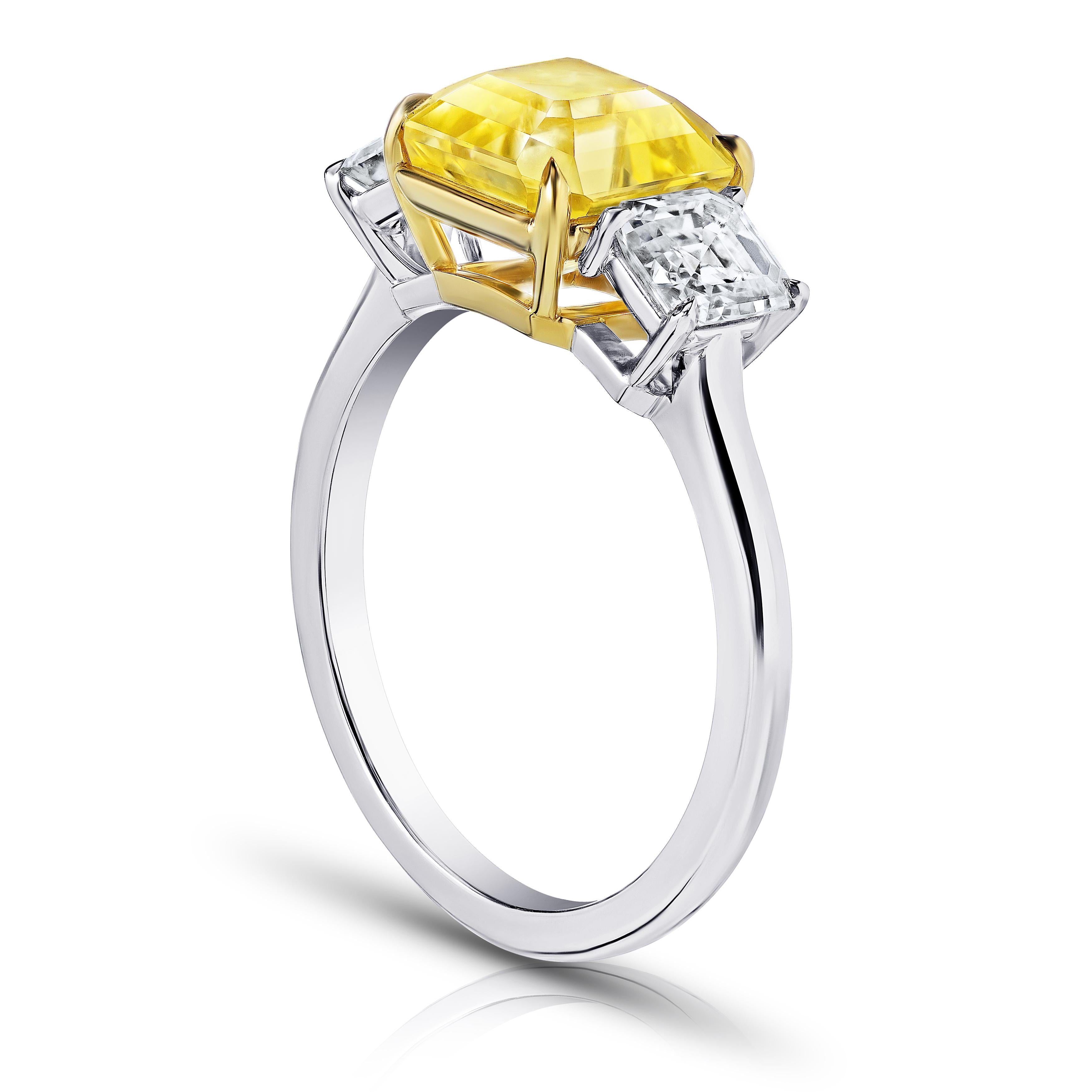 3.48 carat square emerald cut yellow sapphire with square emerald cut diamonds 1.03 carats set in a platinum with 18k yellow gold ring