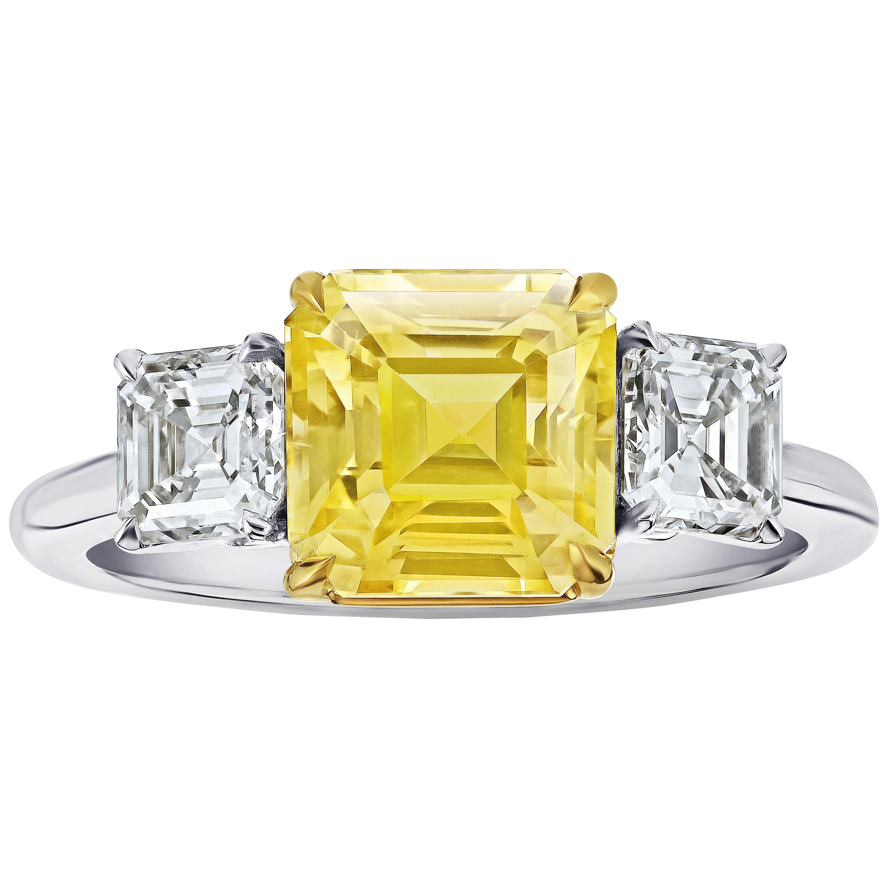 3.48 Carat Square Emerald Cut Yellow Sapphire and Diamond Ring
