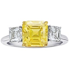 3.48 Carat Square Emerald Cut Yellow Sapphire and Diamond Ring