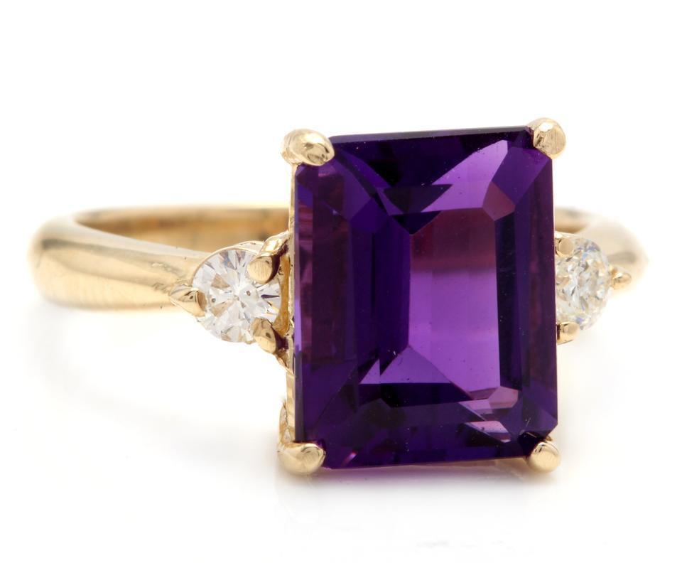 3.48 Carats Impressive Natural Amethyst and Diamond 14K Yellow Gold Ring

Total Natural Amethyst Weight is: Approx. 3.30 Carats

Amethyst Measures: Approx. 10.00 x 8.00mm

Natural Round Diamonds Weight: Approx. 0.18 Carats (color G-H / Clarity