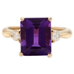 3,48 Karat beeindruckender Ring mit natürlichem Amethyst und Diamant aus 14 Karat Gelbgold