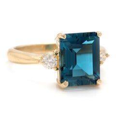 3.48 Carat Impressive Natural London Blue Topaz and Diamond 14K Yellow Gold Ring