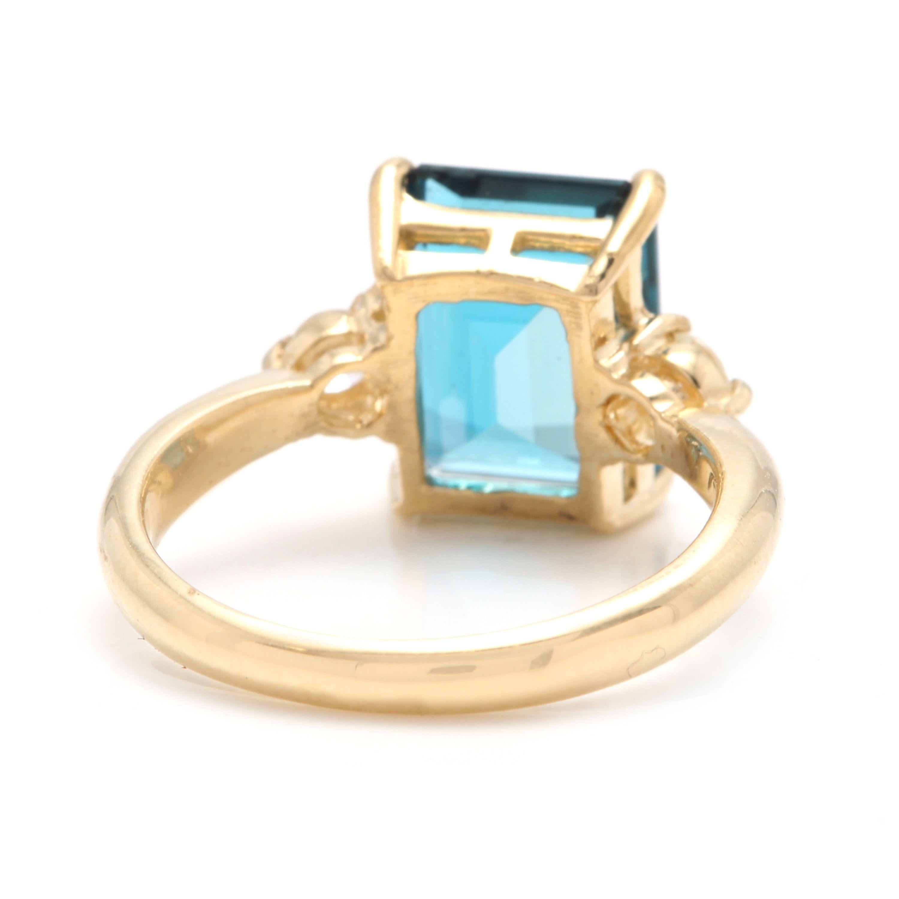 Mixed Cut 3.48 Carat Impressive Natural London Blue Topaz and Diamond 14K Yellow Gold Ring For Sale