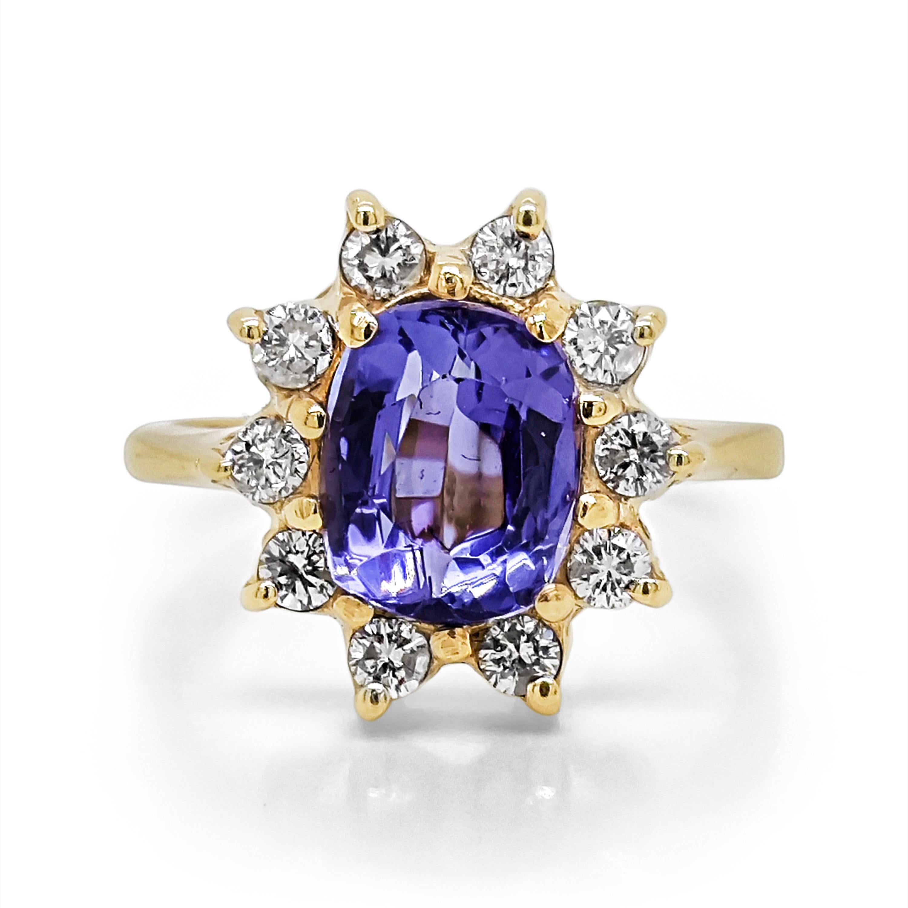 Gelbgoldring mit 3,48 Karat Tansanit und weißem Diamant Damen im Angebot