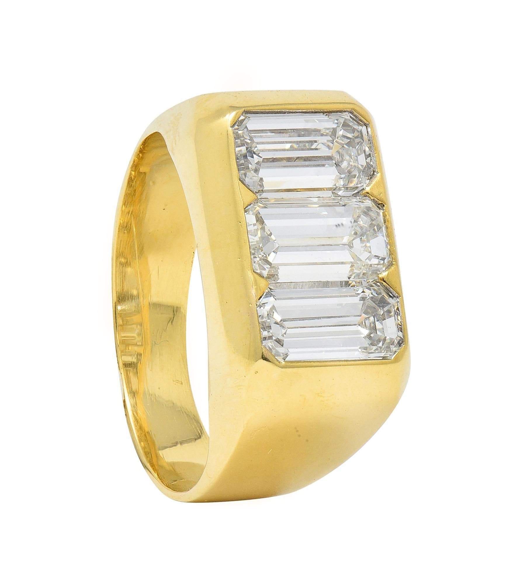 3.48 CTW Flush Emerald Cut Diamond 18 Karat Yellow Gold Vintage Three Stone Ring For Sale 6