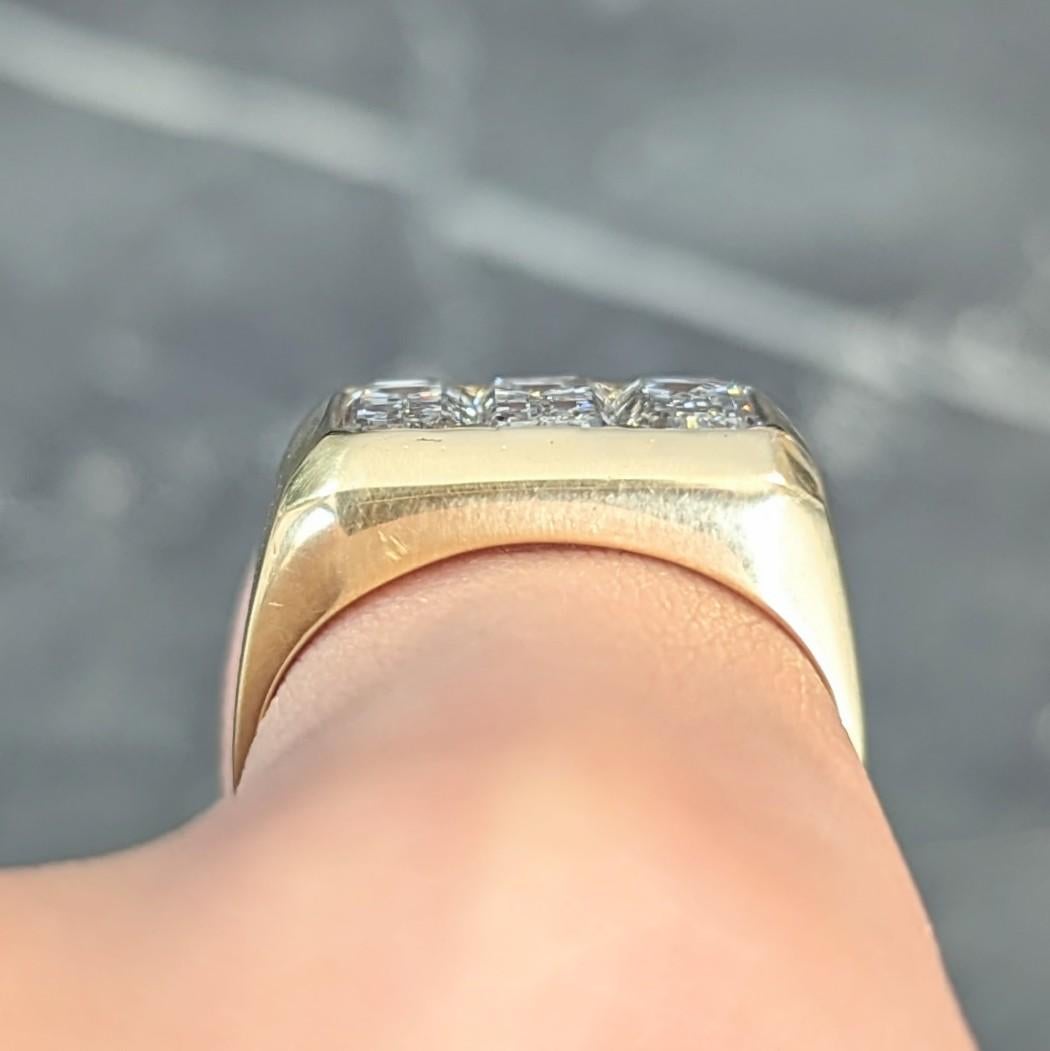 3.48 CTW Flush Emerald Cut Diamond 18 Karat Yellow Gold Vintage Three Stone Ring For Sale 7