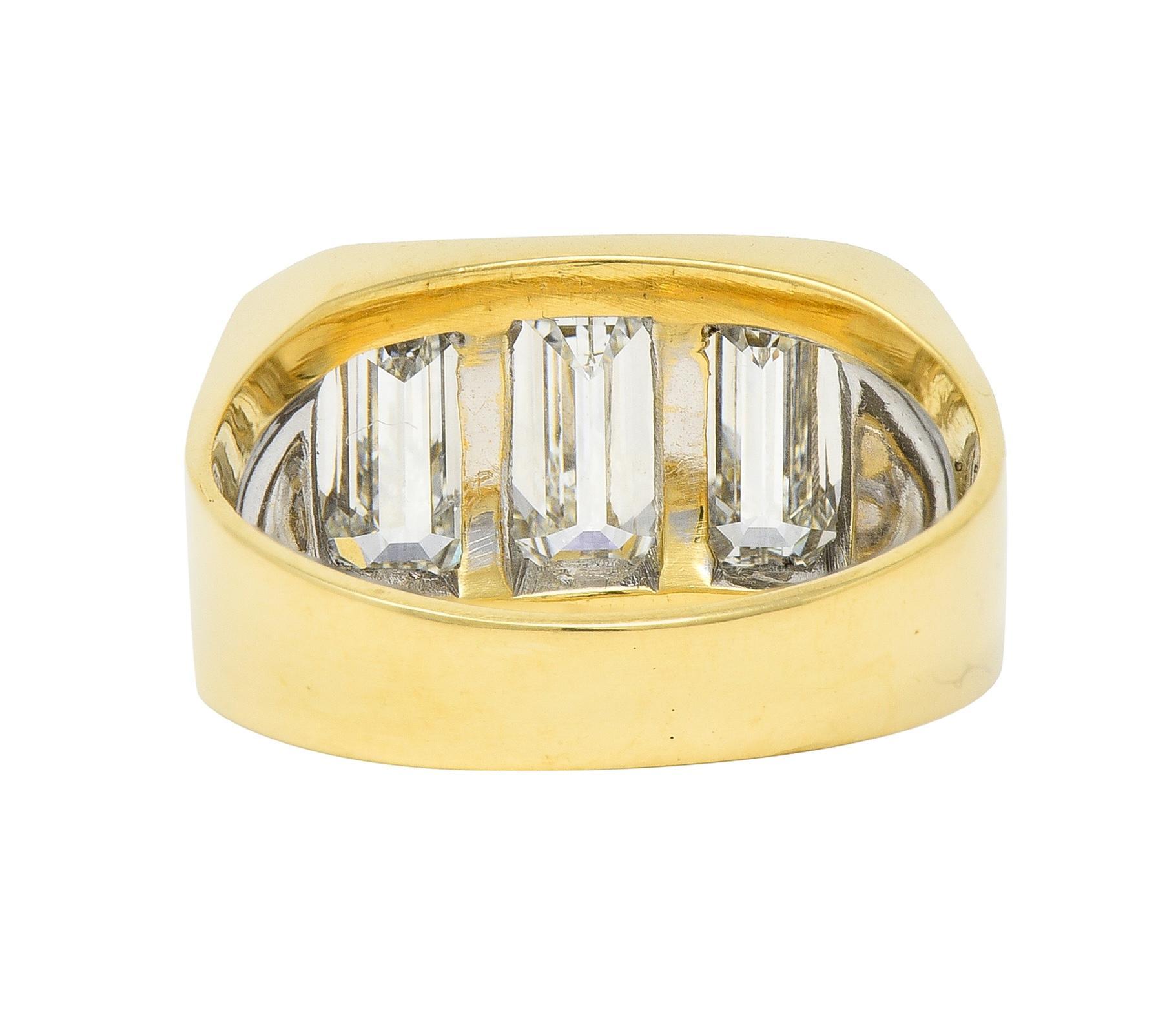 Women's or Men's 3.48 CTW Flush Emerald Cut Diamond 18 Karat Yellow Gold Vintage Three Stone Ring For Sale
