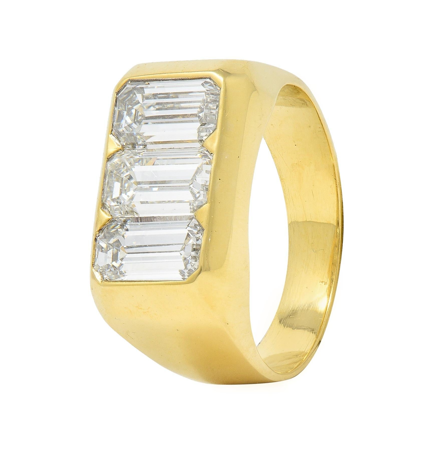 3.48 CTW Flush Emerald Cut Diamond 18 Karat Yellow Gold Vintage Three Stone Ring For Sale 3