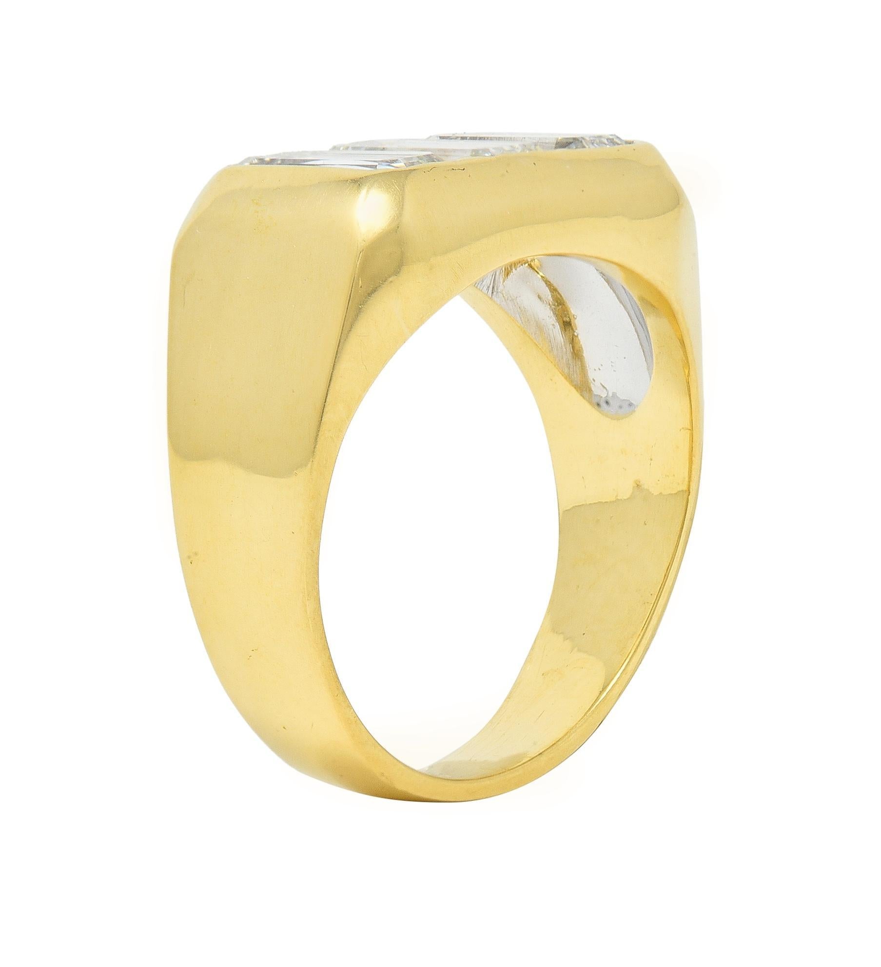 3.48 CTW Flush Emerald Cut Diamond 18 Karat Yellow Gold Vintage Three Stone Ring For Sale 4