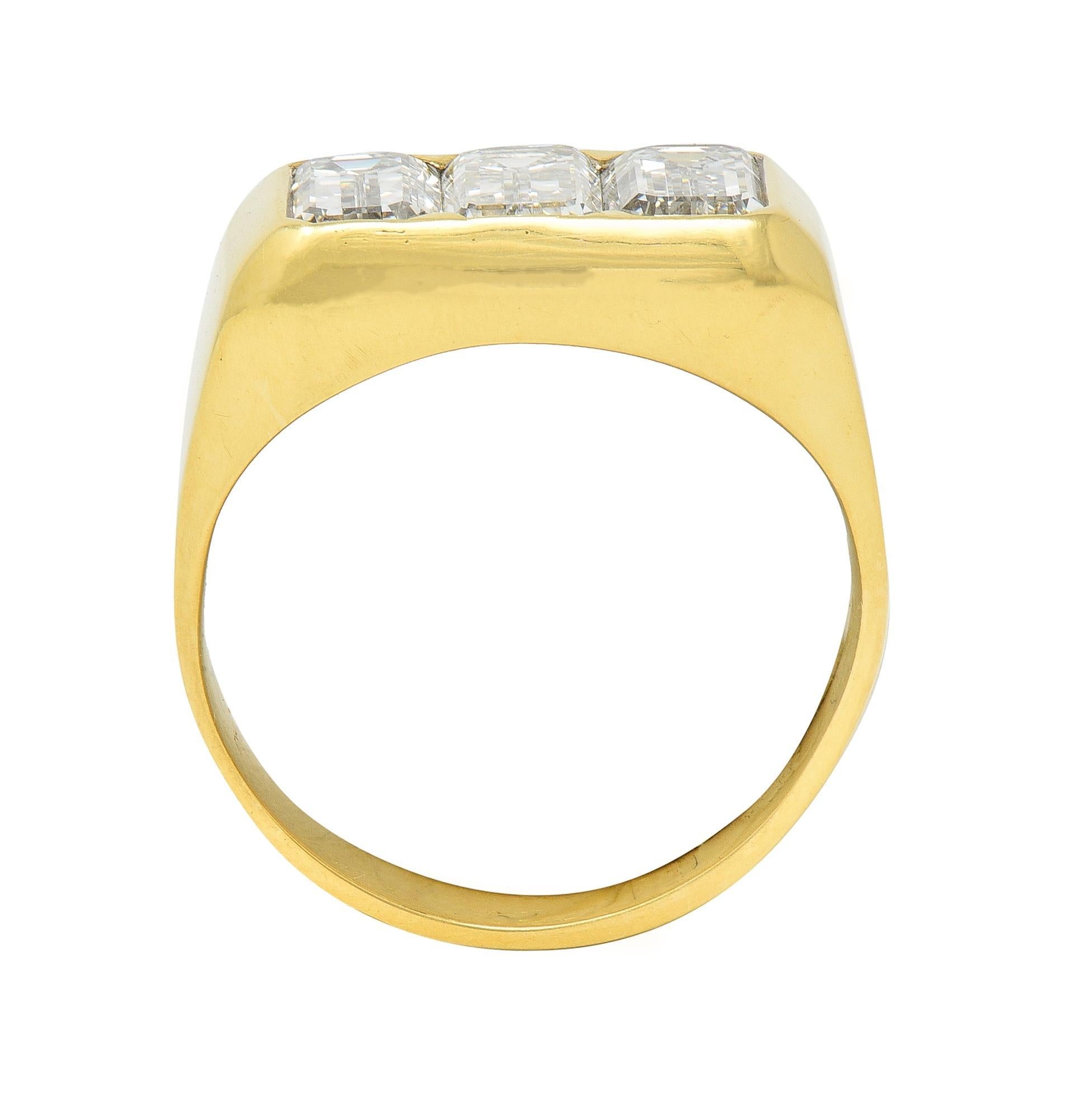 3.48 CTW Flush Emerald Cut Diamond 18 Karat Yellow Gold Vintage Three Stone Ring For Sale 5