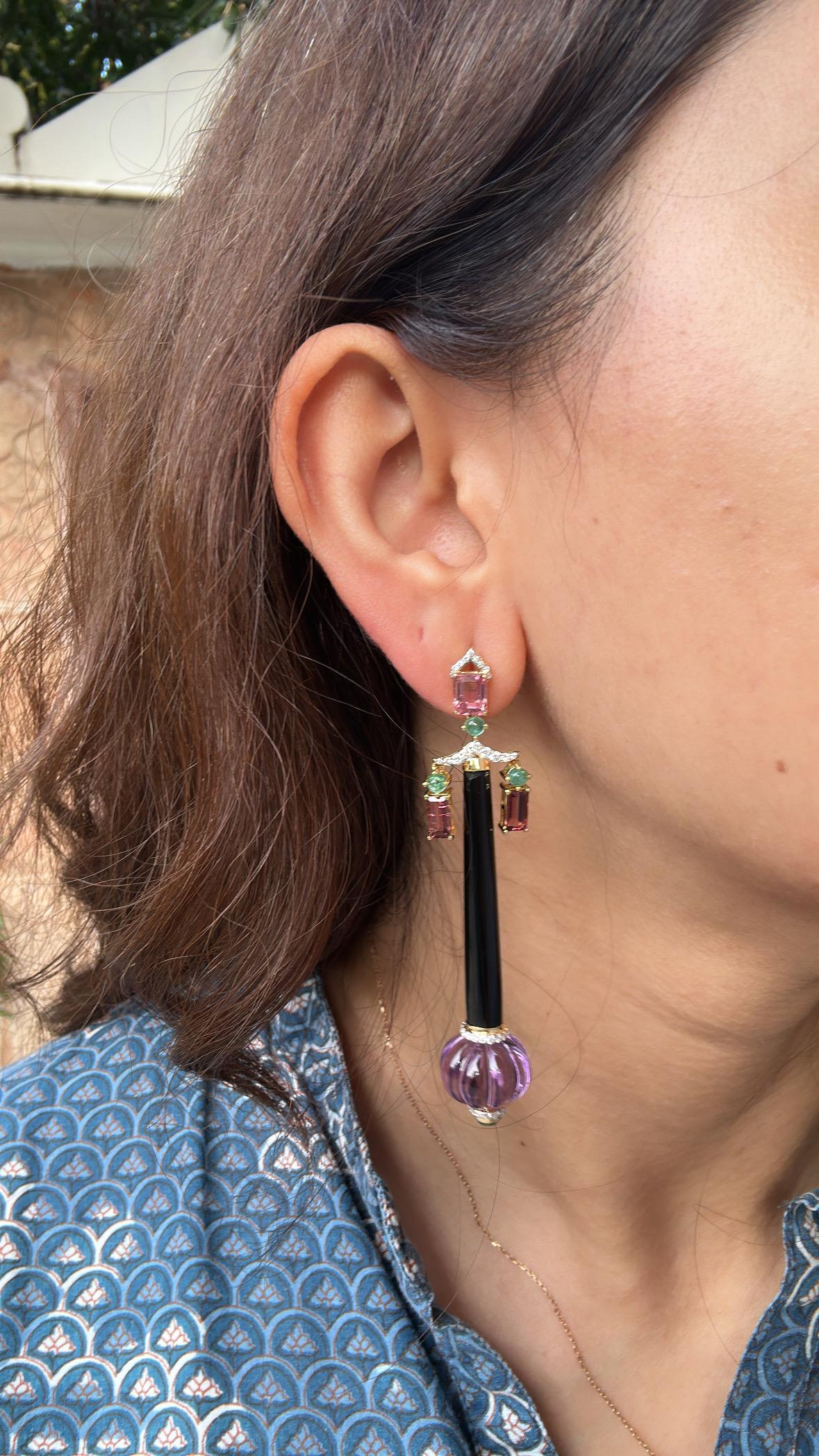 34.80 carats, Amethyst, Emerald, Onyx, Tourmaline & Diamond Chandelier Earring For Sale 4
