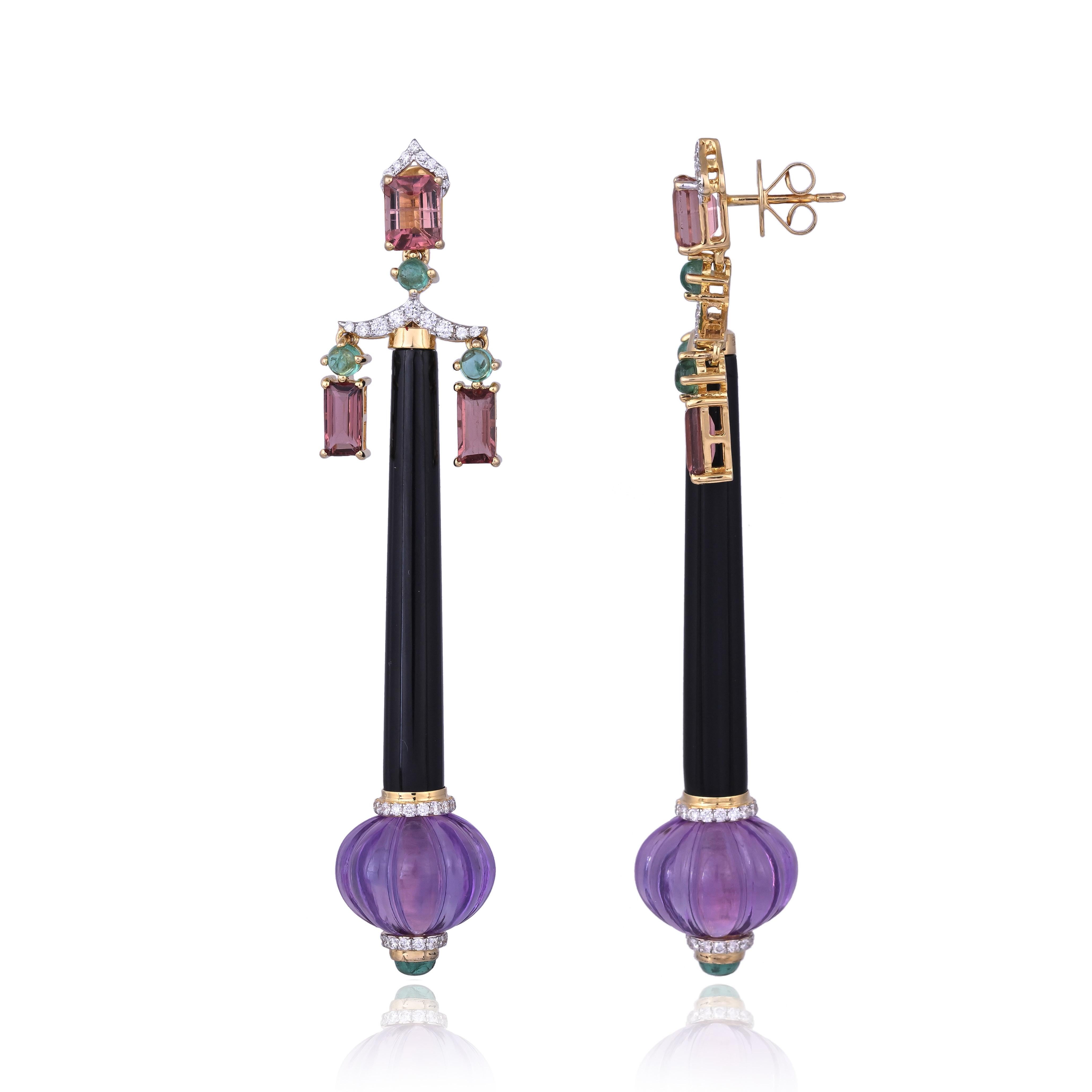 34.80 carats, Boucle d'oreille chandelier en améthyste, émeraude, onyx, tourmaline et diamant en vente 5
