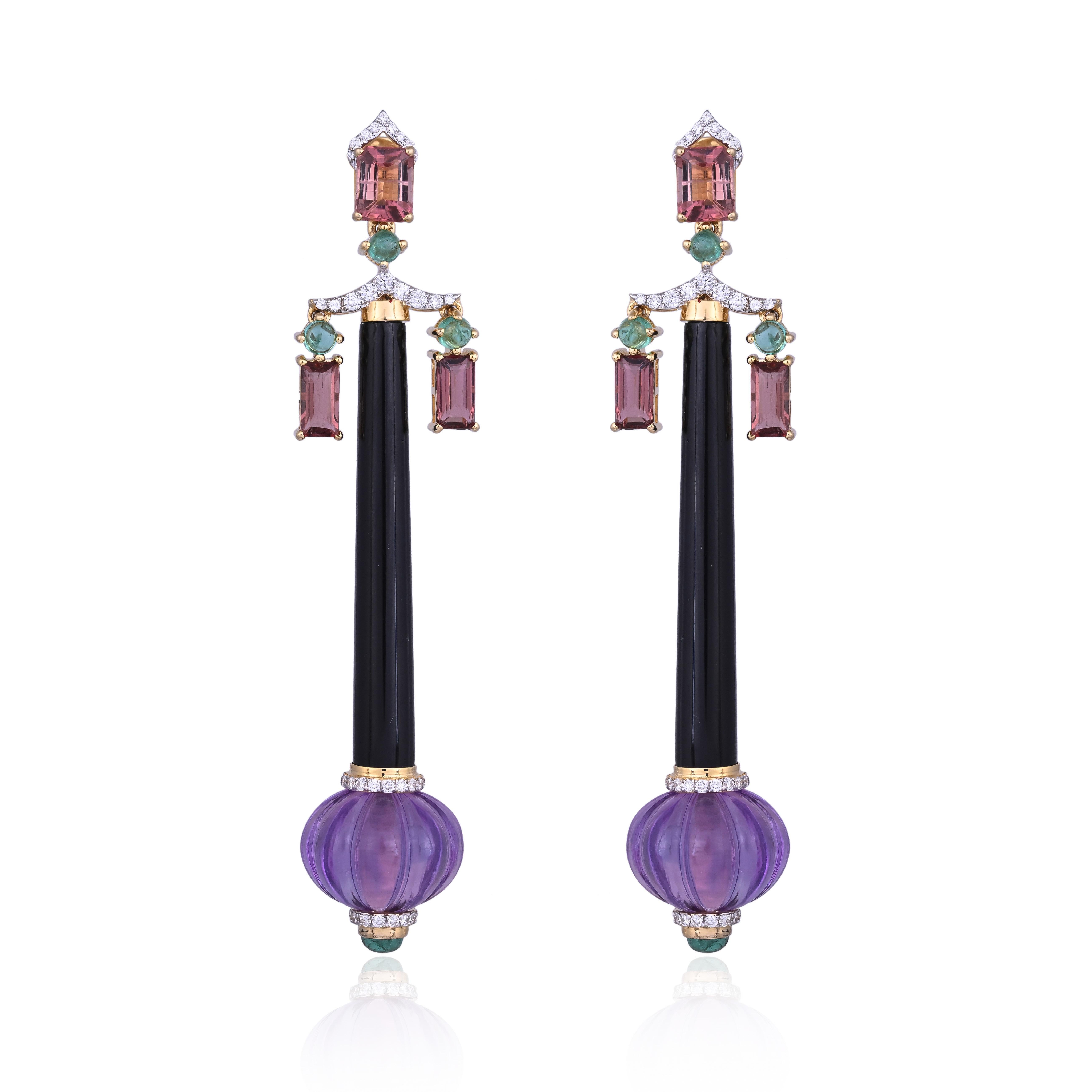 34.80 carats, Boucle d'oreille chandelier en améthyste, émeraude, onyx, tourmaline et diamant en vente 6