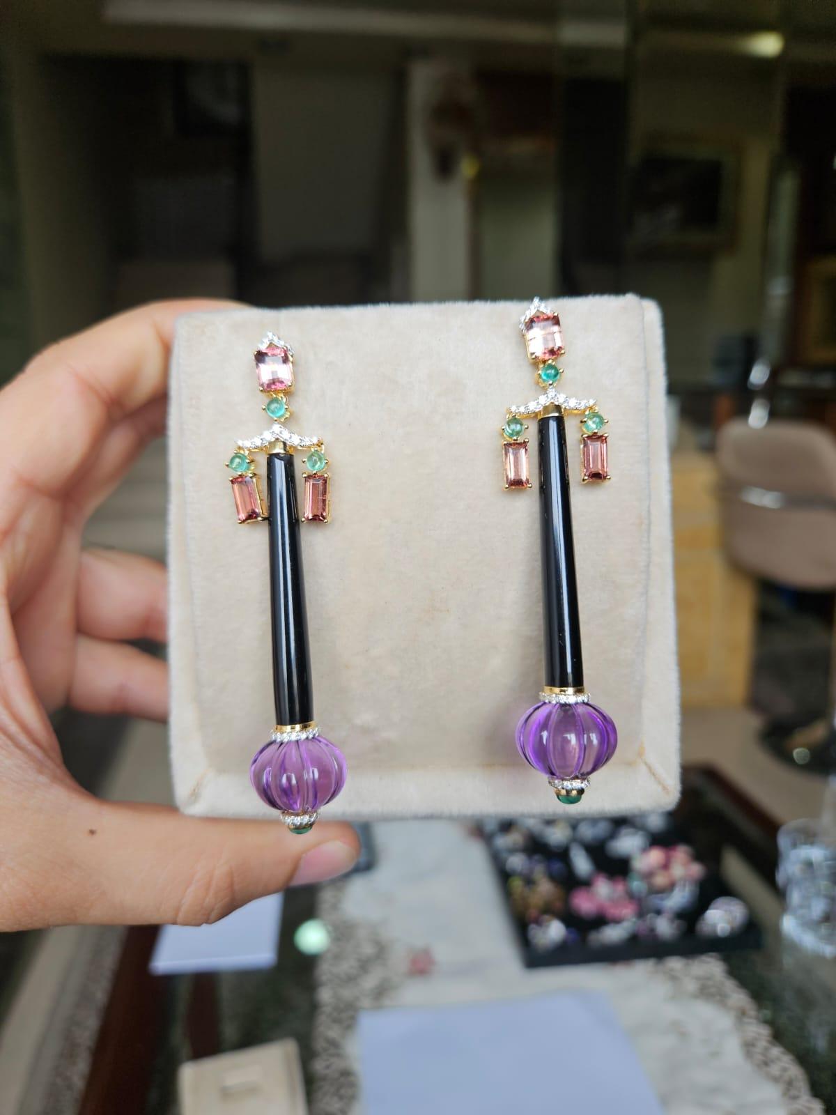 Art Deco 34.80 carats, Amethyst, Emerald, Onyx, Tourmaline & Diamond Chandelier Earring For Sale