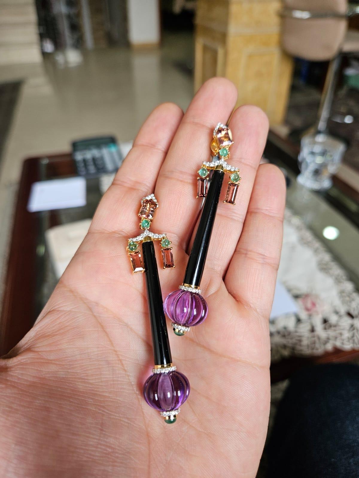 Bead 34.80 carats, Amethyst, Emerald, Onyx, Tourmaline & Diamond Chandelier Earring For Sale