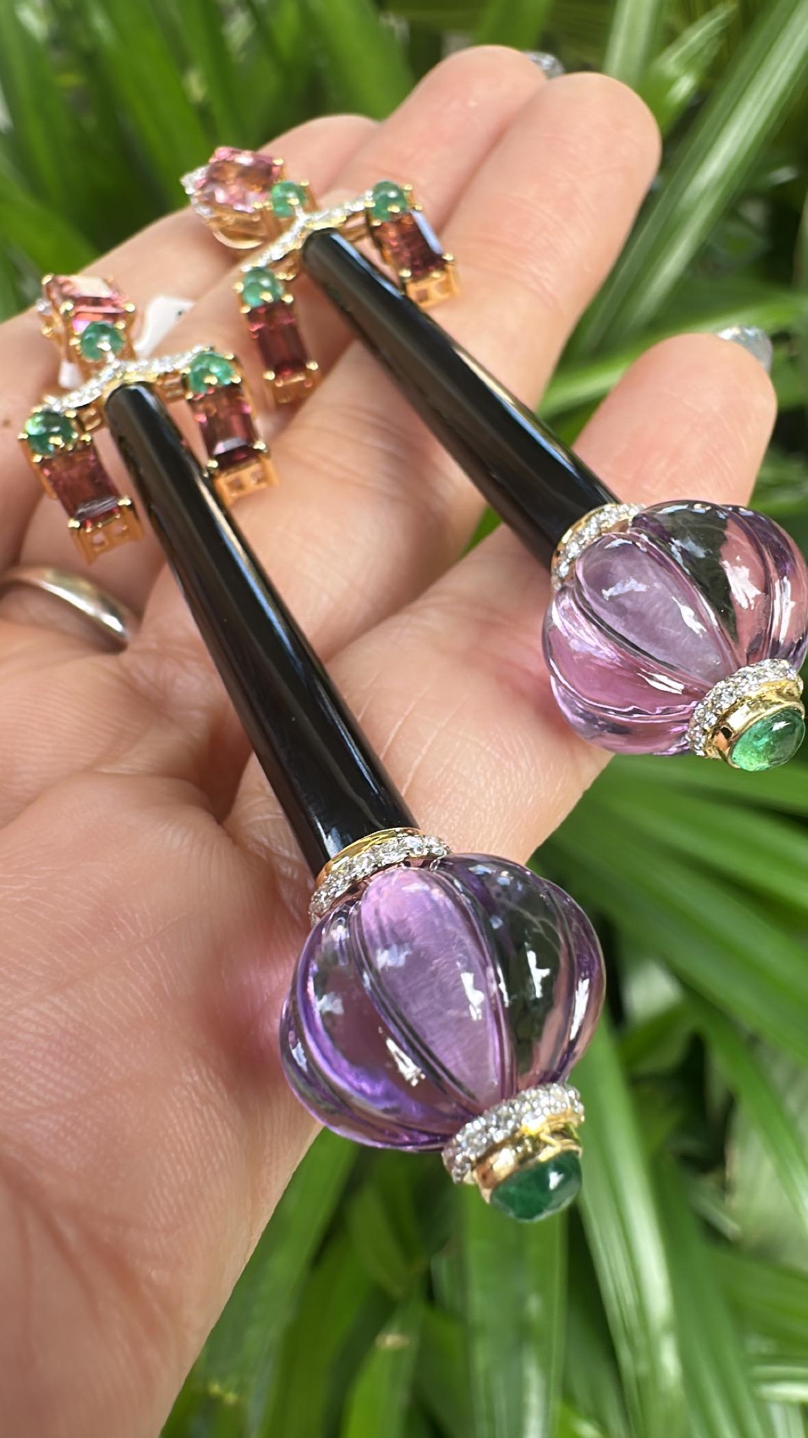 34.80 carats, Amethyst, Emerald, Onyx, Tourmaline & Diamond Chandelier Earring In New Condition For Sale In Hong Kong, HK