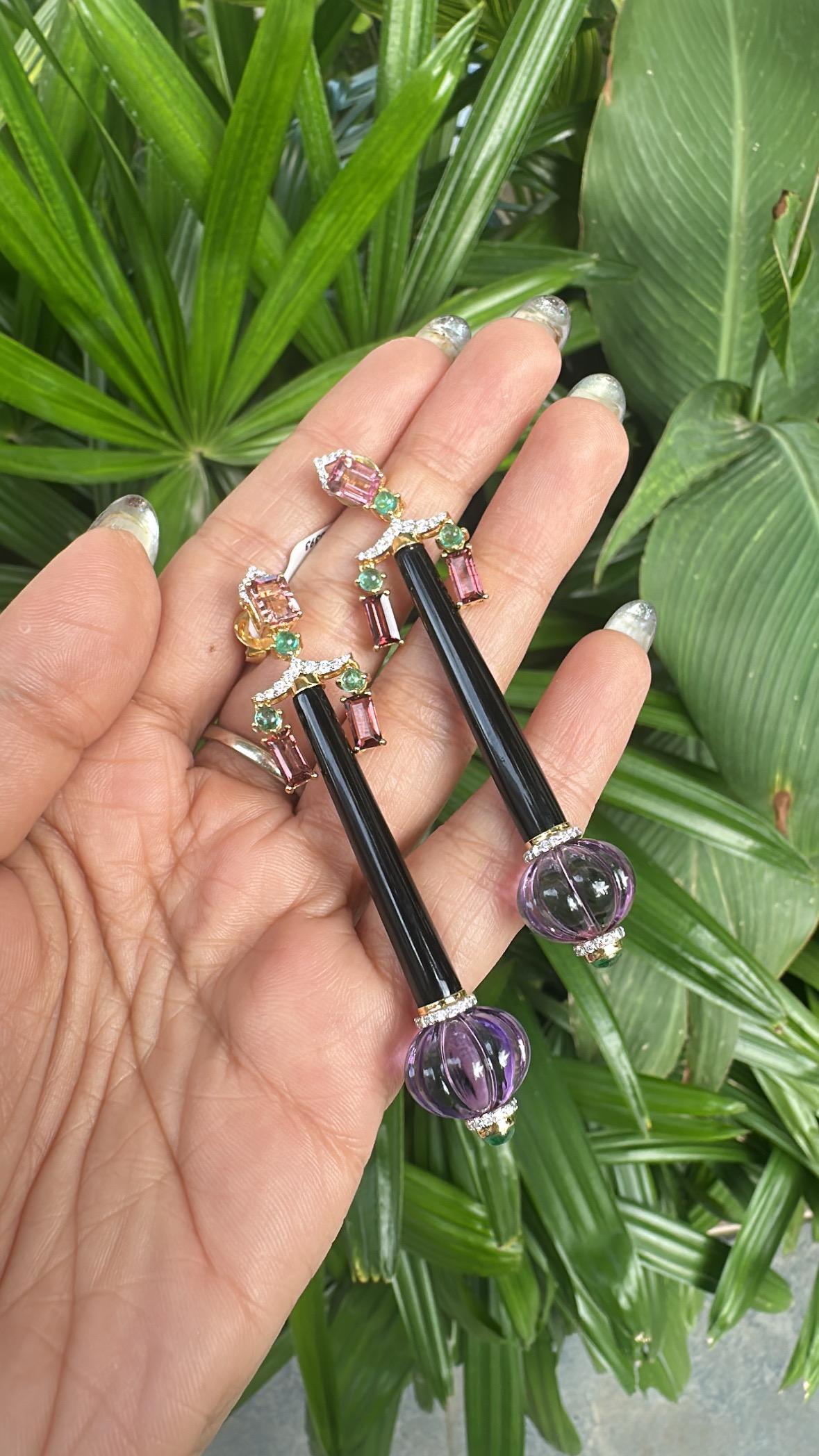 Women's or Men's 34.80 carats, Amethyst, Emerald, Onyx, Tourmaline & Diamond Chandelier Earring For Sale