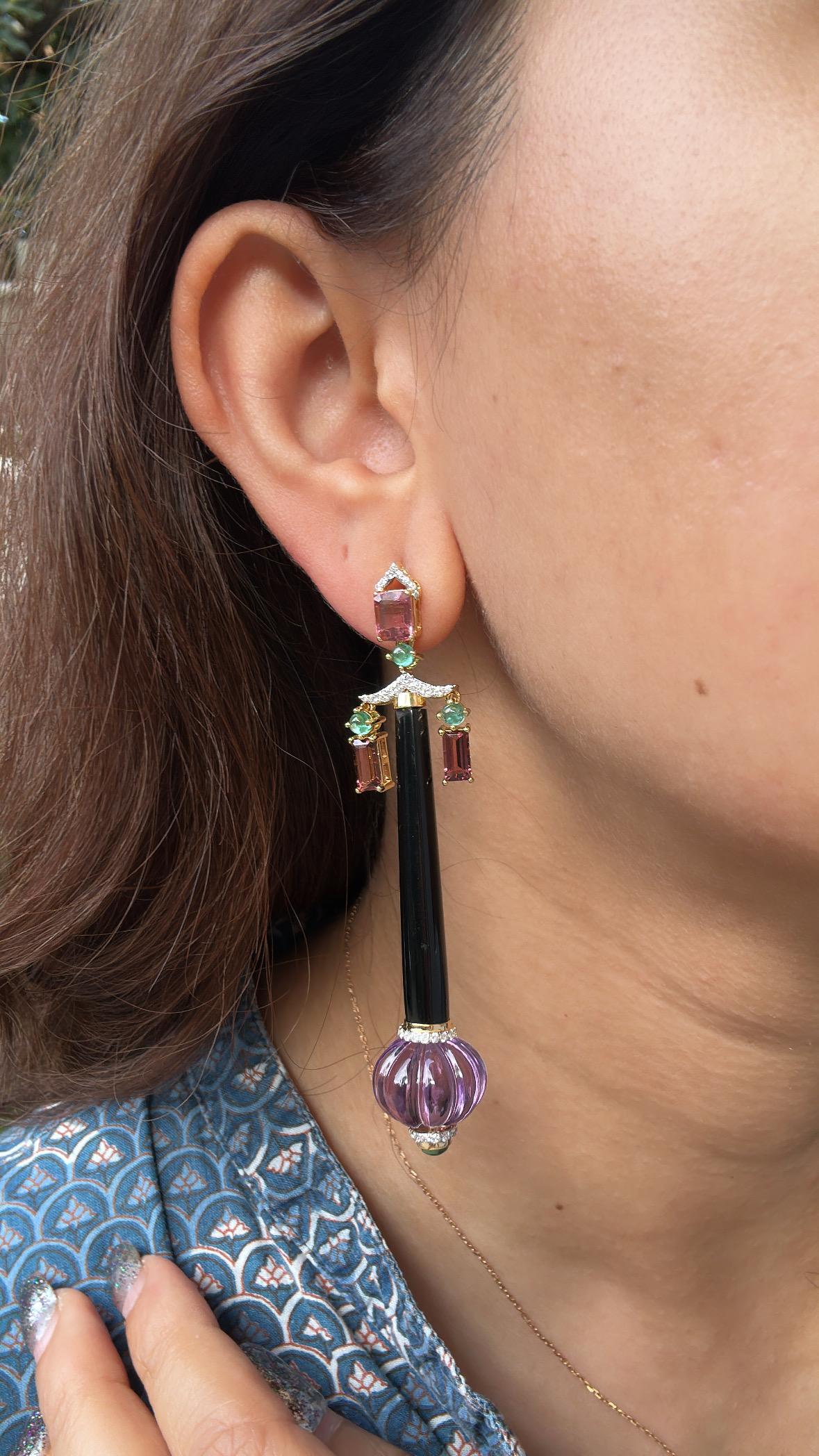 34.80 carats, Amethyst, Emerald, Onyx, Tourmaline & Diamond Chandelier Earring For Sale 1