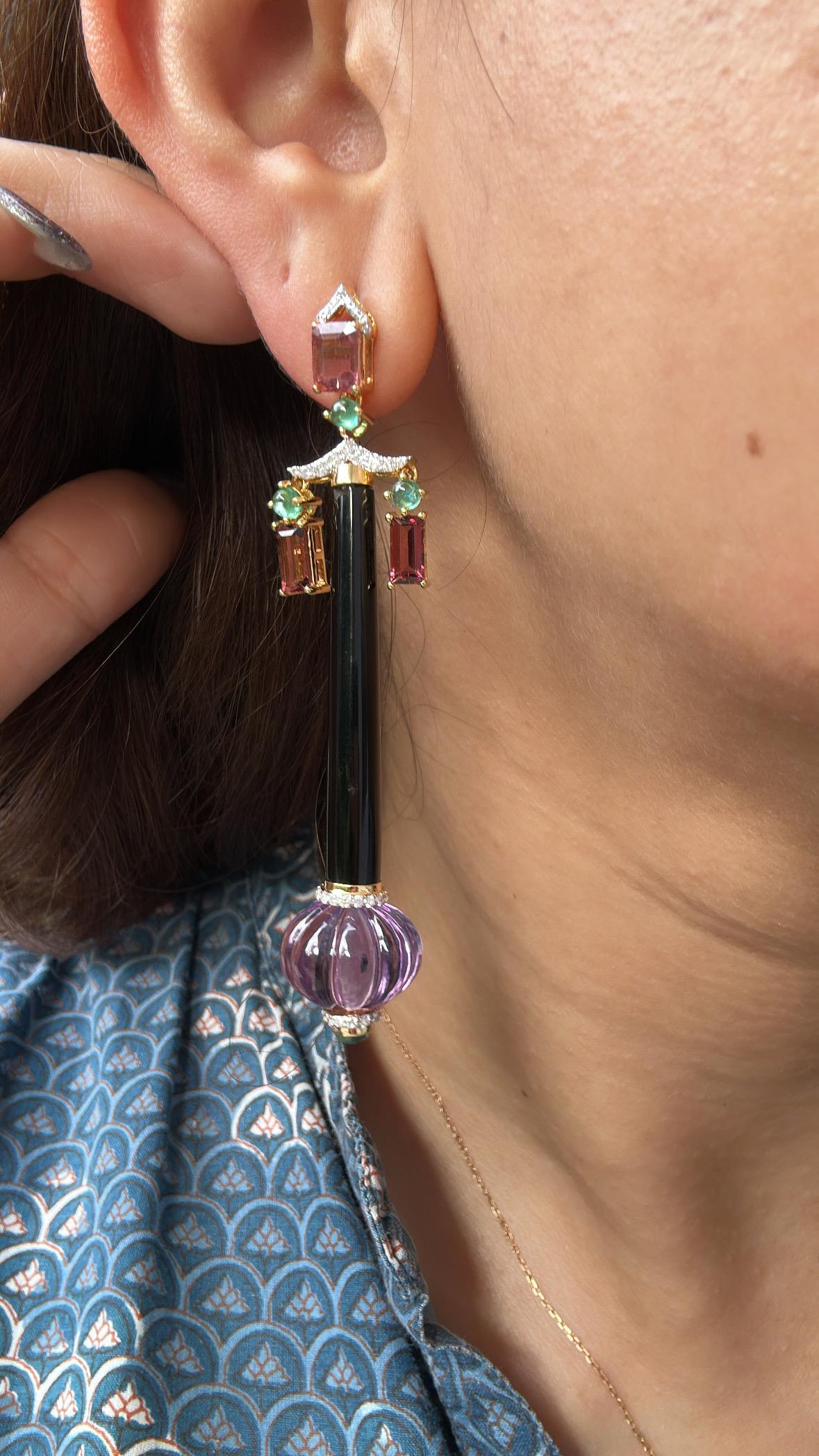 34.80 carats, Amethyst, Emerald, Onyx, Tourmaline & Diamond Chandelier Earring For Sale 3