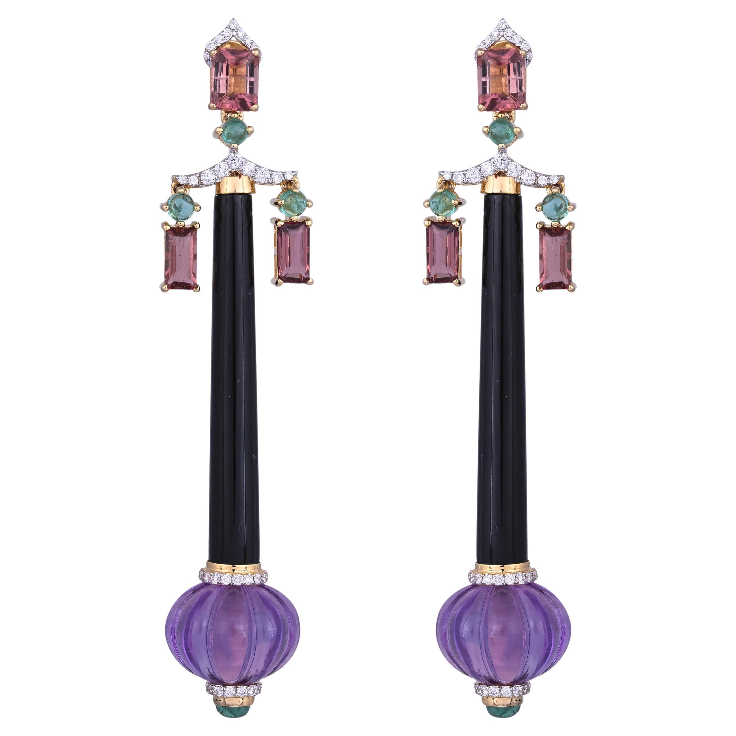 34.80 carats, Boucle d
oreille chandelier en améthyste, émeraude, onyx, tourmaline et diamant