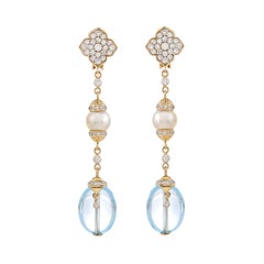 34.85 Carat Blue Topaz South Sea Pearl and Diamond 18kt Yellow Gold Earrings
