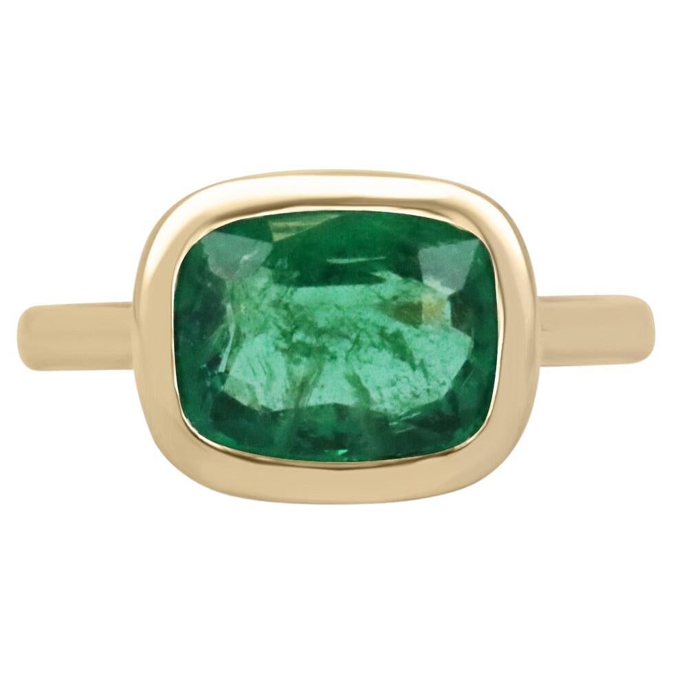3.48ct 18K East to West Natural Elongated Cushion Emerald Solitaire Bezel Ring For Sale