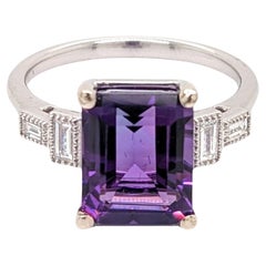 3.48ct Amethyst Ring w Diamond Accents in Solid 14k White Gold Emerald Cut 10x8