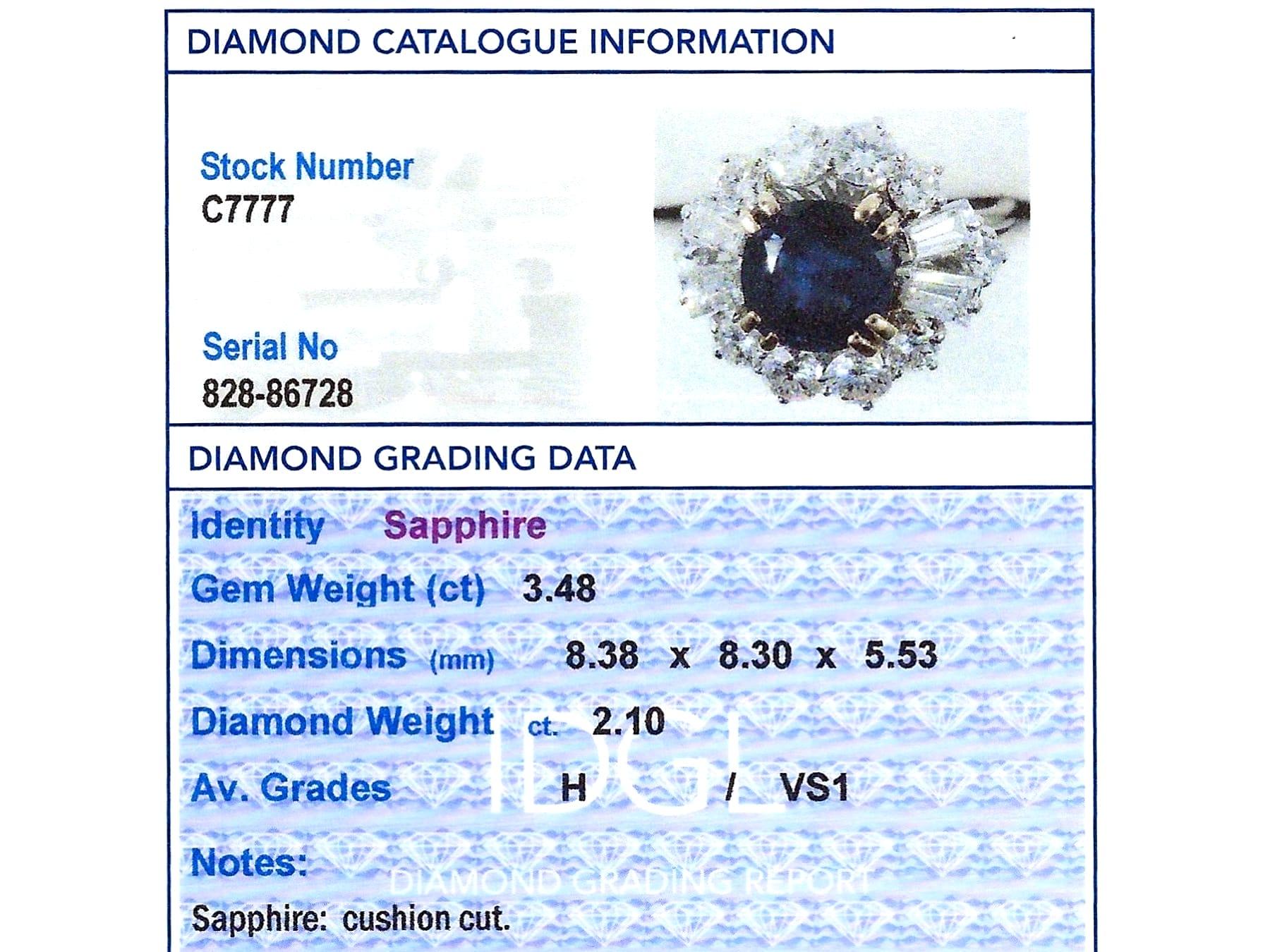 Bague grappe en or blanc 18 carats avec saphir de Madagascar de 3,48 carats et diamants de 2,10 carats, 1970 en vente 7