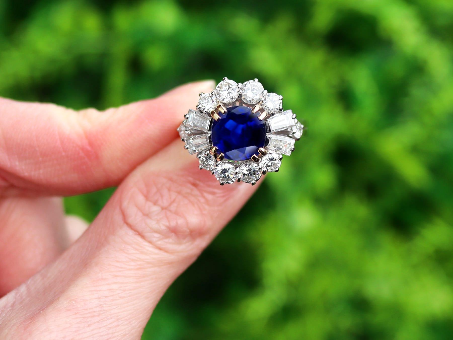 A stunning, fine and impressive vintage 3.48 carat unheated Madagascar sapphire and 2.10 carat diamond, 18 carat white gold and 18 carat yellow gold set cluster ring; part of our diverse vintage jewellery and estate jewelry collections

This