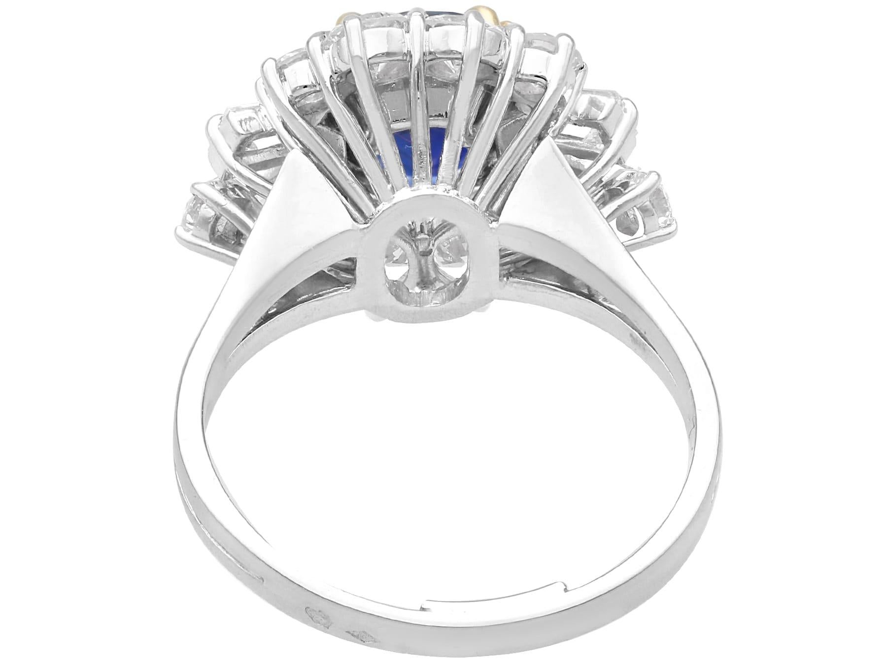 Cushion Cut 3.48ct Madagascar Sapphire and 2.10ct Diamond 18ct White Gold Cluster Ring 1970 For Sale
