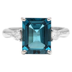 3.48ct Natural London Blue Topaz and Diamond 14k Solid White Gold Ring