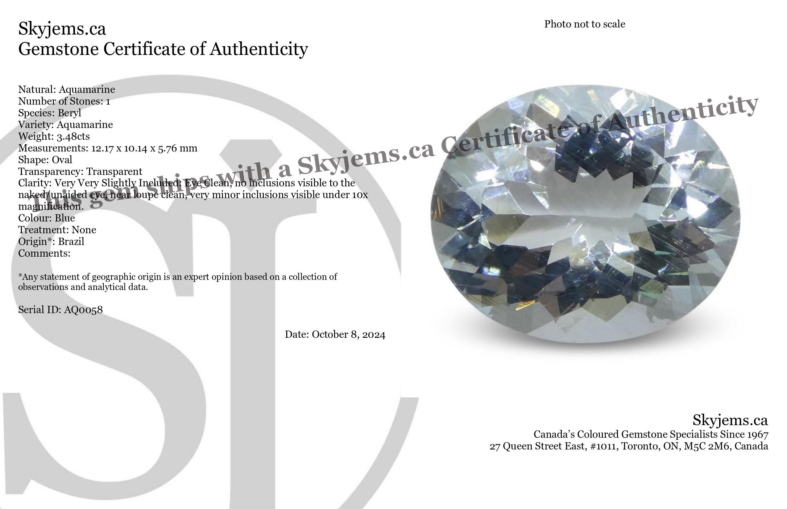 Beschreibung:

Edelstein-Typ: Aquamarin 
Anzahl von Steinen: 1
Gewicht: 3,48 Karat
Abmessungen: 12,17 x 10,14 x 5,76 mm
Die Form: Oval
Schliffart Krone: Brillantschliff
Pavillon der Schliffarten: Brillant-Schliff 
Transparenz: Durchsichtig
Klarheit: