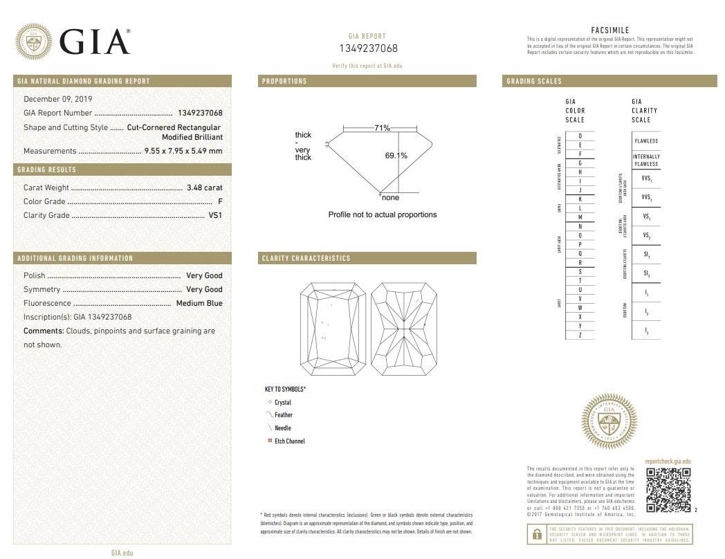 3.48ct Radiant Cut F/VS1 GIA Certified w/ 2 .67ctw Half Moon Side Diamonds Ring In New Condition In Houston, TX