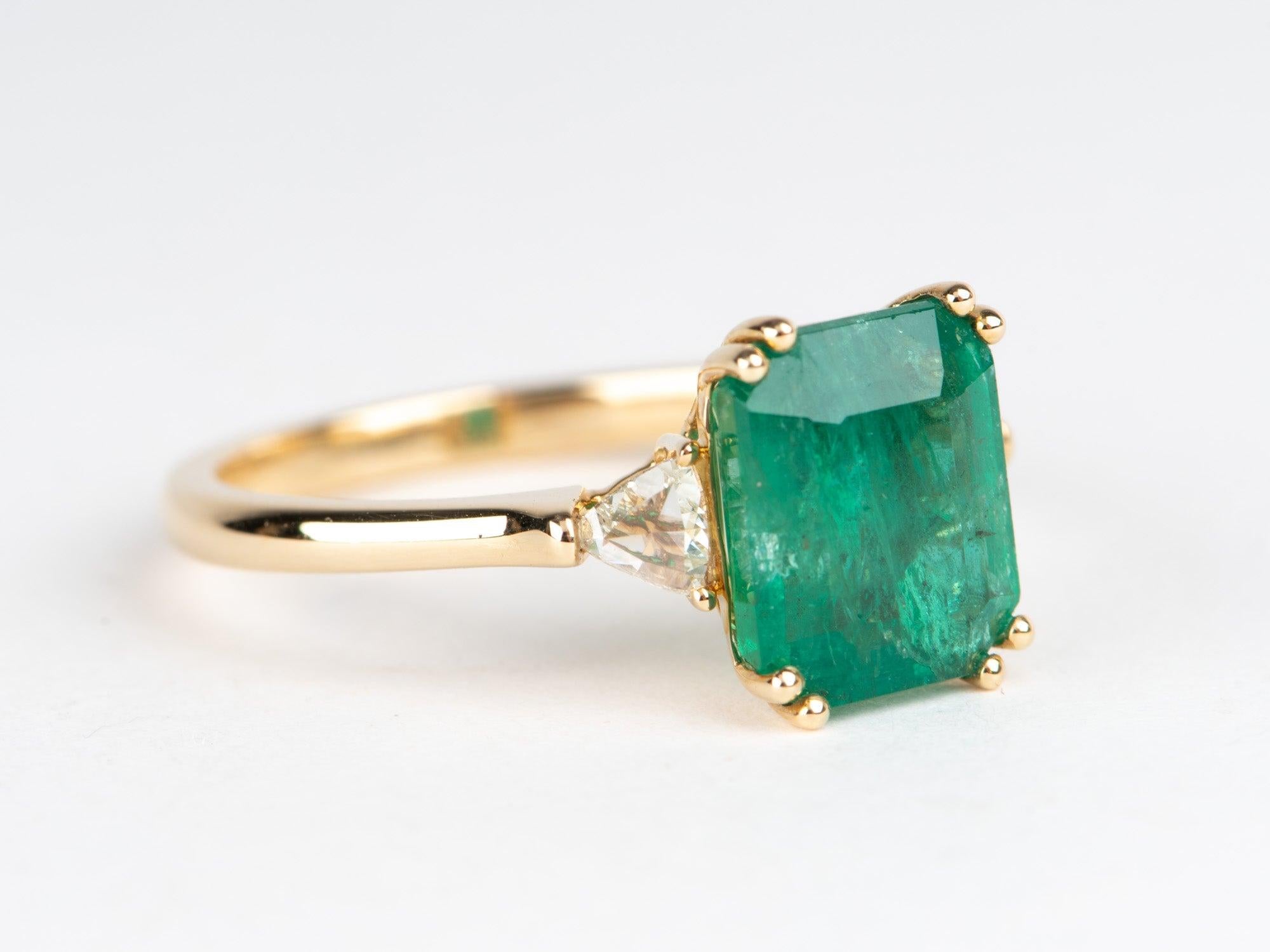 Emerald Cut 3.48ctw Emerald and Diamond 3-Stone Ring 14K Gold R6688 For Sale