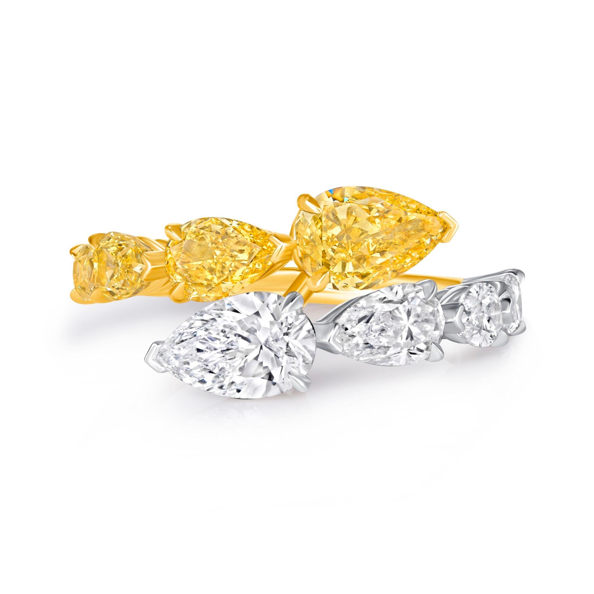 Pear Cut 3.48ctw. Fancy Intense Yellow Diamond & Diamond Ring in 18K Yellow Gold and Plat For Sale