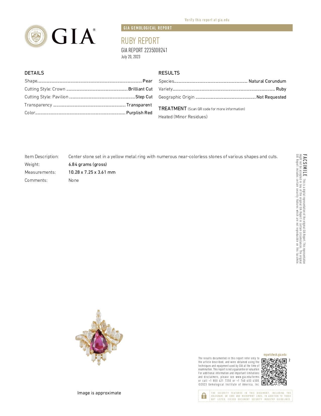 3.48ctw Pear Ruby Diamond Cluster Cocktail Ring 18k Yellow Gold Size 7.5 GIA For Sale 5